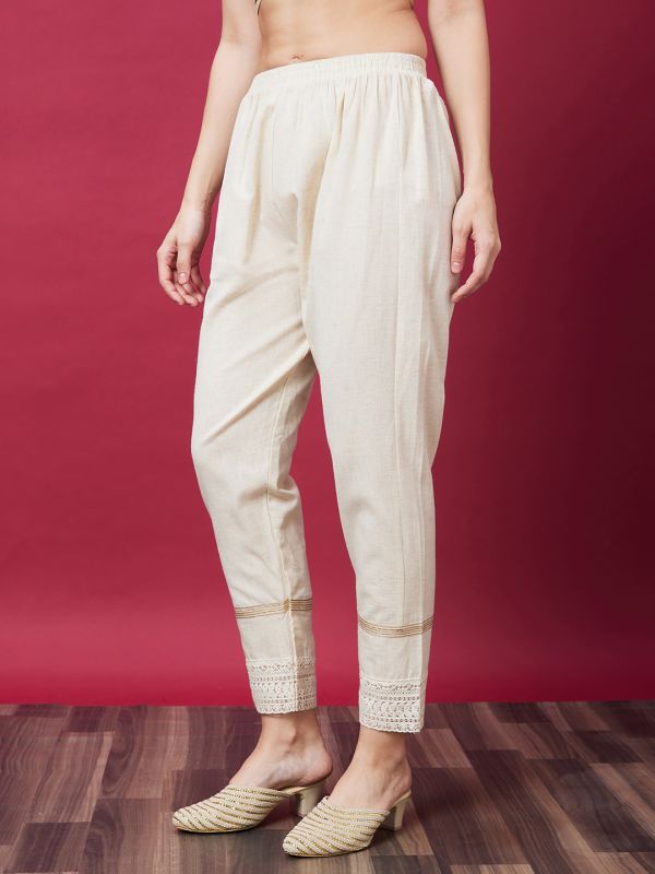 Globus Women Off White Embellished Ethnic Cigarette Trouser With Lace Detail