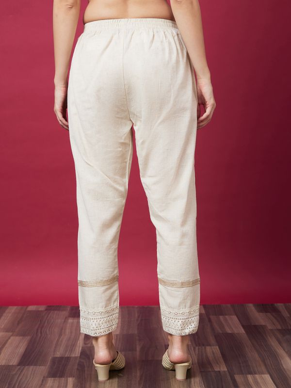 Globus Women Off White Embellished Ethnic Cigarette Trouser With Lace Detail