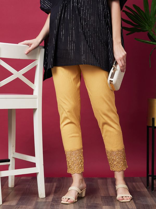 Globus Women Yellow Embellished Ethnic Cigarette Trouser