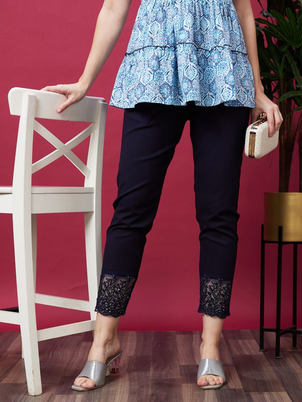 Globus Women Navy Blue Embellished Ethnic Cigarette Trouser