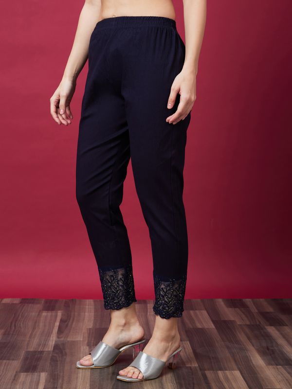 Globus Women Navy Blue Embellished Ethnic Cigarette Trouser