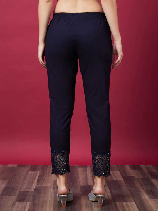 Globus Women Navy Blue Embellished Ethnic Cigarette Trouser