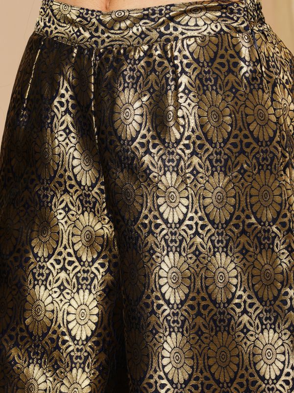 Globus Women Navy Blue & Silver Floral Jaal Print Partially Elasticated Wide Leg Ethnic Palazzos