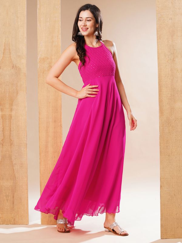 Globus Women Pink Halter Tie-Up Neck Embroidered & Sequinned Yoke Fit & Flare Festive Maxi Dress