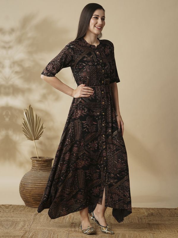 Globus Women Black Ethnic Print Mandarin Collar Asymmetric Hem A-Line Fusion Maxi Dress With Dori