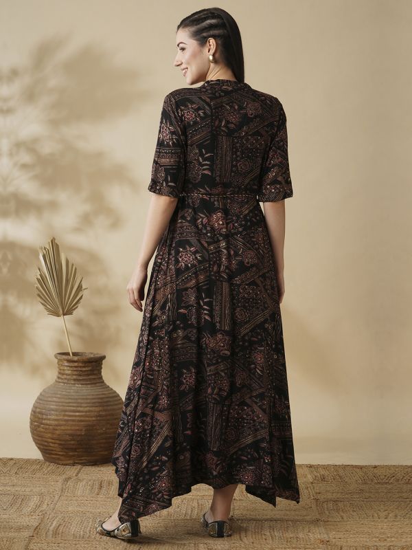 Globus Women Black Ethnic Print Mandarin Collar Asymmetric Hem A-Line Fusion Maxi Dress With Dori
