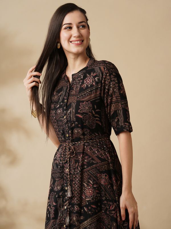Globus Women Black Ethnic Print Mandarin Collar Asymmetric Hem A-Line Fusion Maxi Dress With Dori