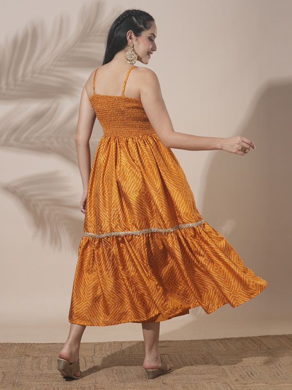 Globus Women Yellow Bandhani Print Strappy Shoulder Smocked Sequin Lace Detailing Tiered Fit & Flare Midi Fusion Dress