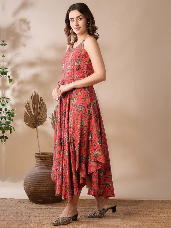 Globus Women Pink Persian Floral Design Sequinned Embroidered Neck Asymmetric Hem Maxi Fusion Dress