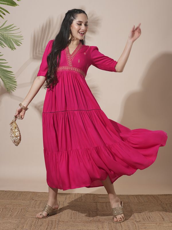 Globus Women Pink Embroidered V-Neck Puff Sleeves Gathered & Tiered A-Line Midi Festive Dress