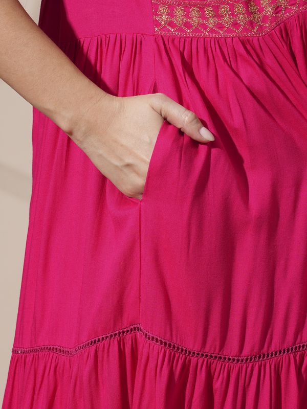 Globus Women Pink Embroidered V-Neck Puff Sleeves Gathered & Tiered A-Line Midi Festive Dress