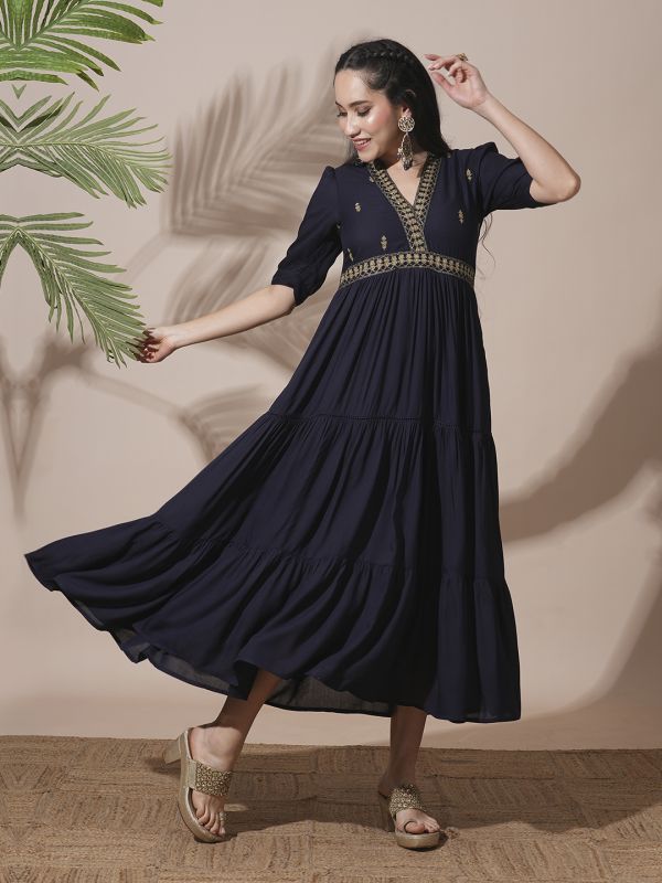 Globus Women Blue Embroidered V-Neck Puff Sleeves Gathered & Tiered A-Line Midi Festive Dress