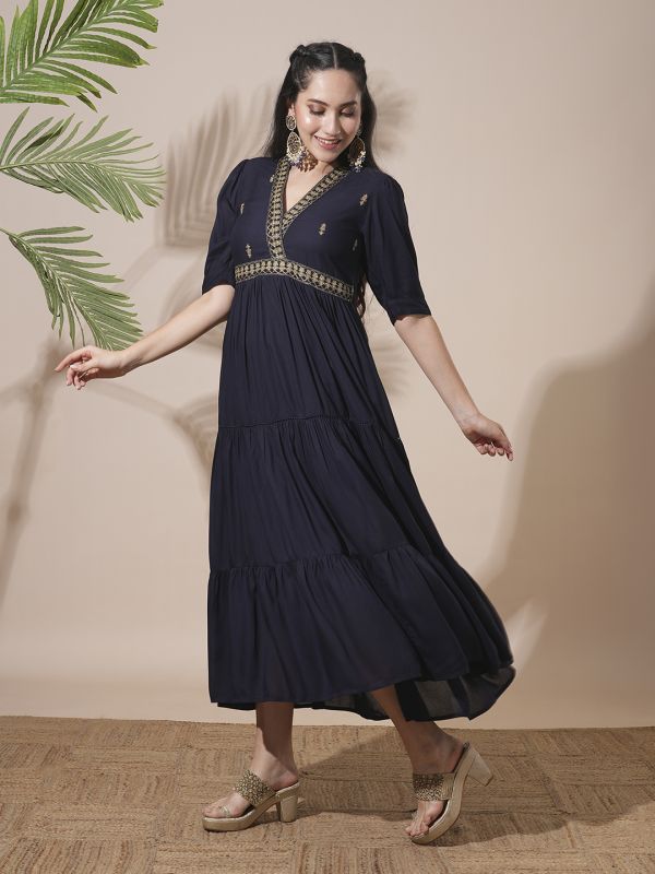 Globus Women Blue Embroidered V-Neck Puff Sleeves Gathered & Tiered A-Line Midi Festive Dress