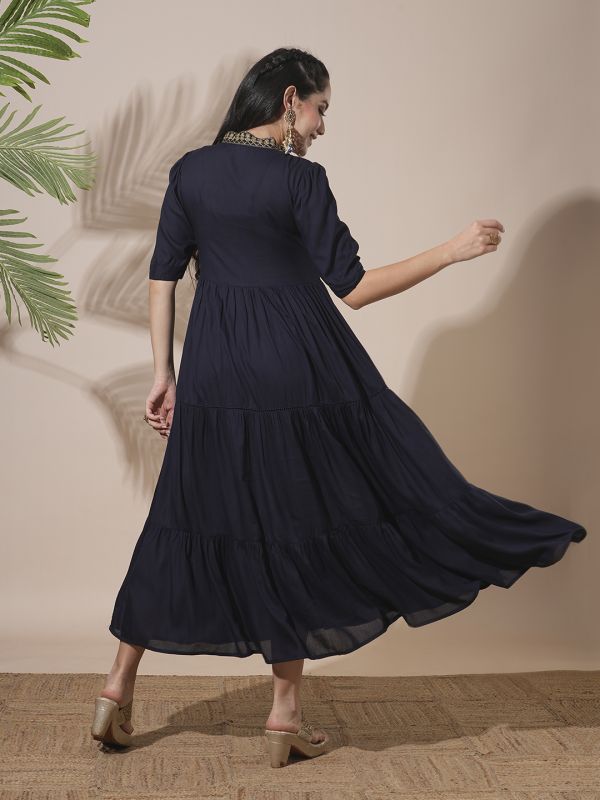 Globus Women Blue Embroidered V-Neck Puff Sleeves Gathered & Tiered A-Line Midi Festive Dress