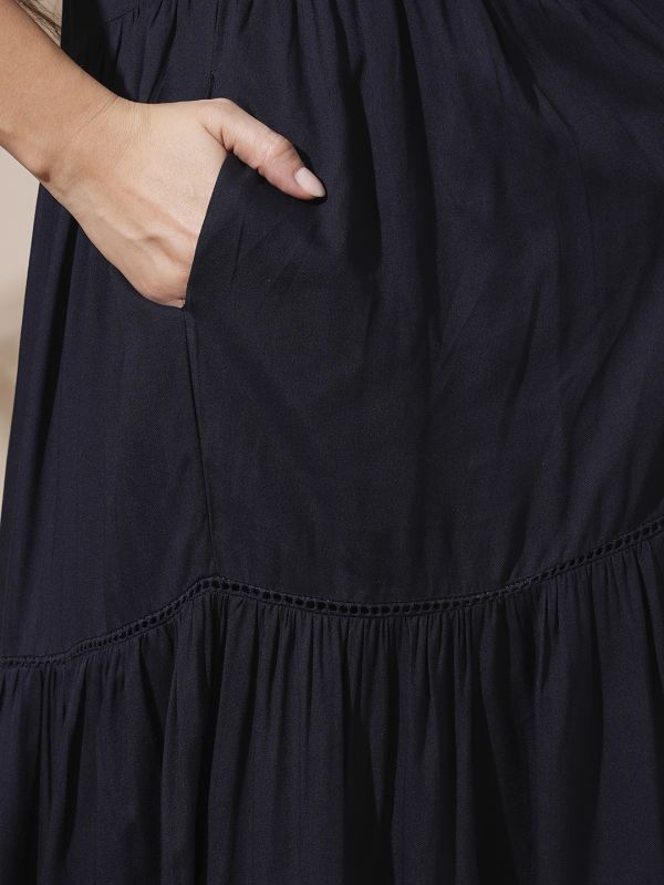 Globus Women Blue Embroidered V-Neck Puff Sleeves Gathered & Tiered A-Line Midi Festive Dress
