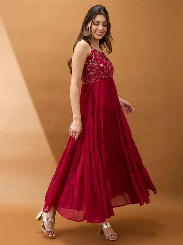 Globus Women Maroon Sweetheart Neck Strappy Shoulder Floral Embroidered Tiered Maxi Fit & Flare Festive Dress