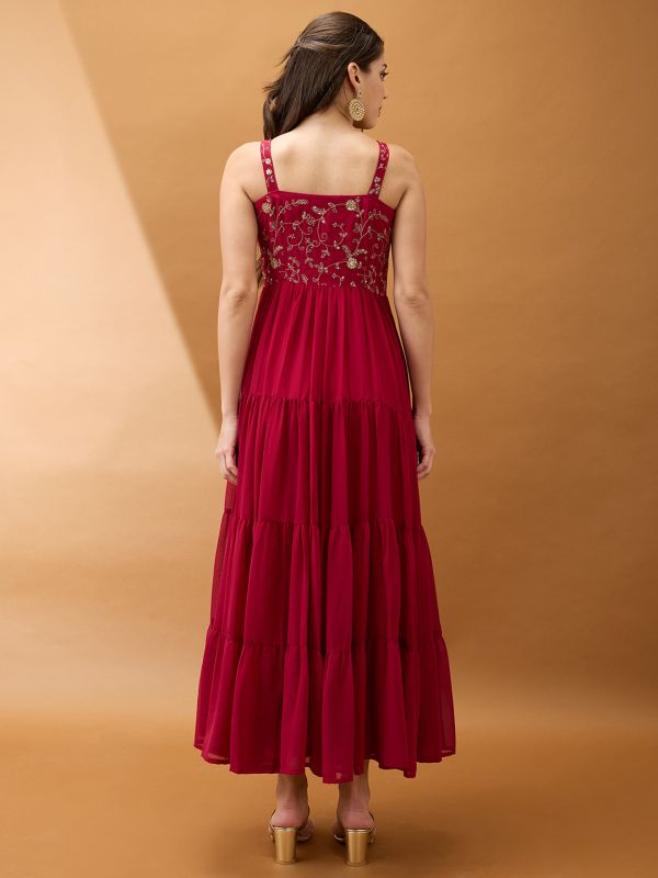 Globus Women Maroon Sweetheart Neck Strappy Shoulder Floral Embroidered Tiered Maxi Fit & Flare Festive Dress