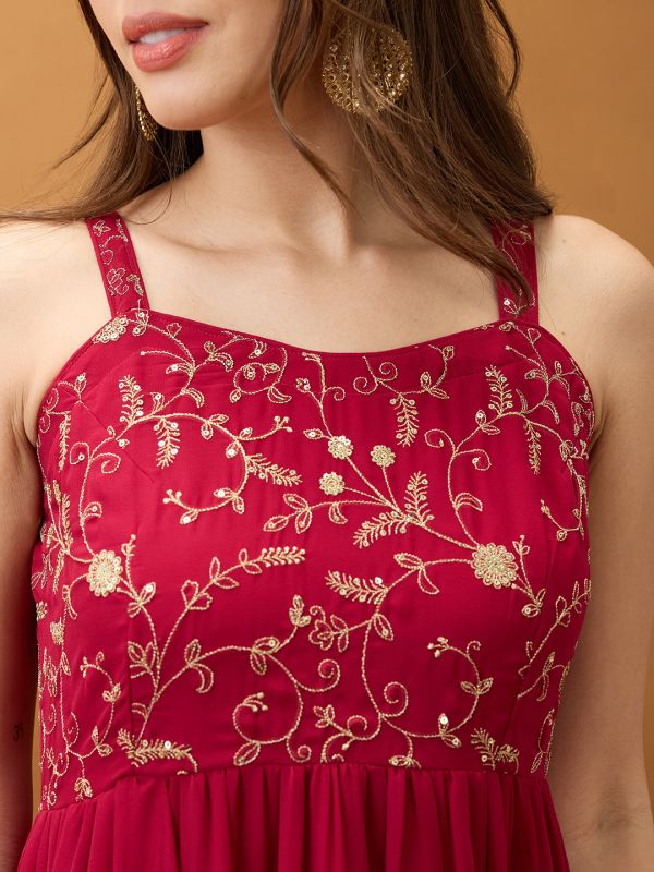 Globus Women Maroon Sweetheart Neck Strappy Shoulder Floral Embroidered Tiered Maxi Fit & Flare Festive Dress