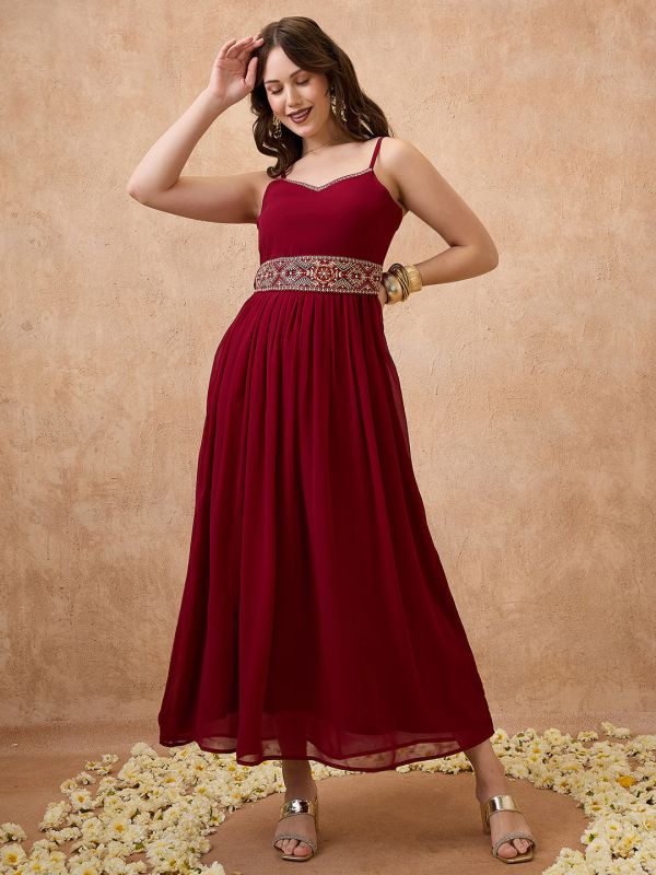 Globus Women Maroon Sweetheart Neck Shoulder Strap Georgette Embroidered Waist Tie-Up Tiered A-Line Maxi Festive Dress