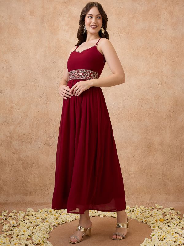 Globus Women Maroon Sweetheart Neck Shoulder Strap Georgette Embroidered Waist Tie-Up Tiered A-Line Maxi Festive Dress