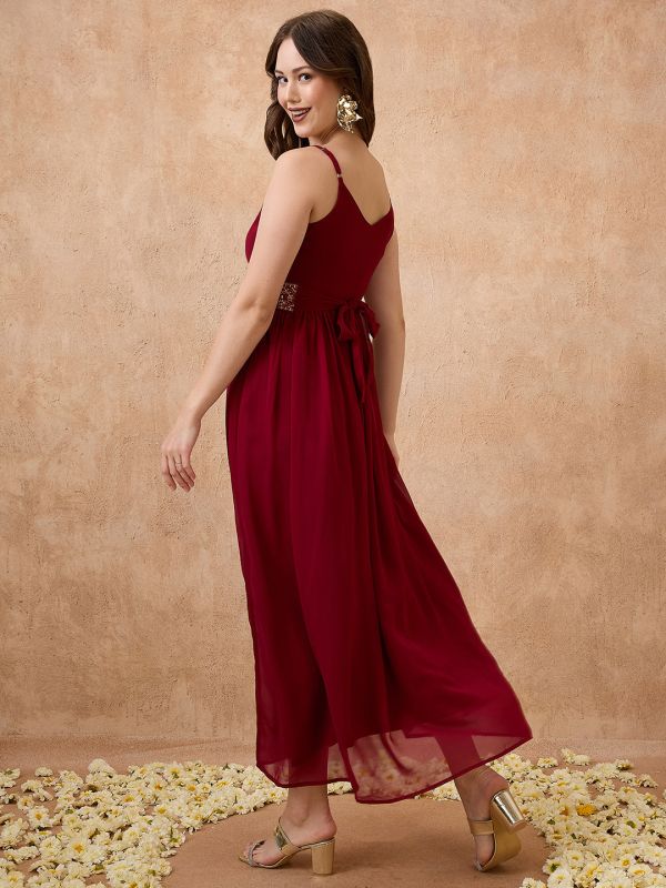Globus Women Maroon Sweetheart Neck Shoulder Strap Georgette Embroidered Waist Tie-Up Tiered A-Line Maxi Festive Dress