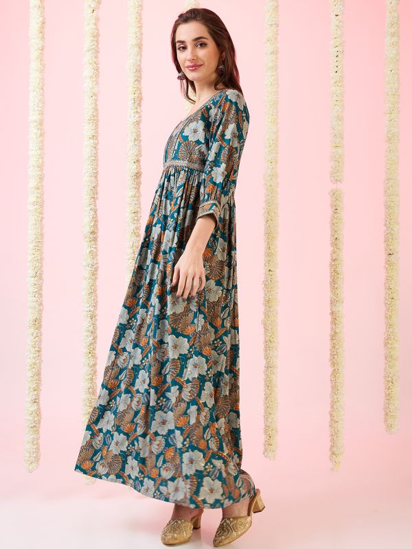 Globus Women Teal Sweetheart Neck Embroidered Detail Gold Foil Floral Print Gathered A-Line Fusion Maxi Dress