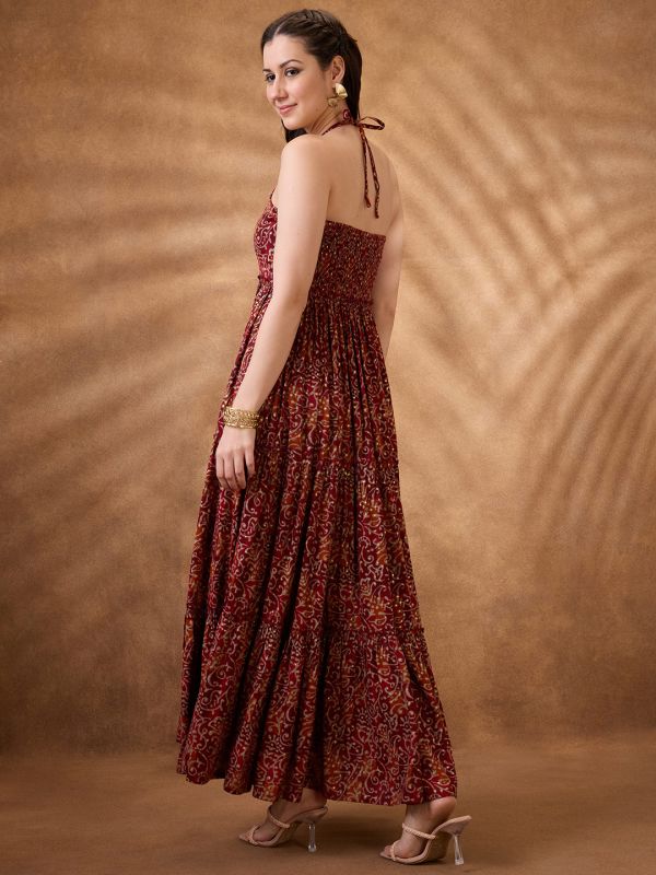 Globus Women Maroon Paisley Print Halter Neck Fit and Flare Tiered Maxi Fusion Dress