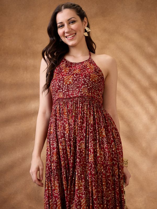 Globus Women Maroon Paisley Print Halter Neck Fit and Flare Tiered Maxi Fusion Dress