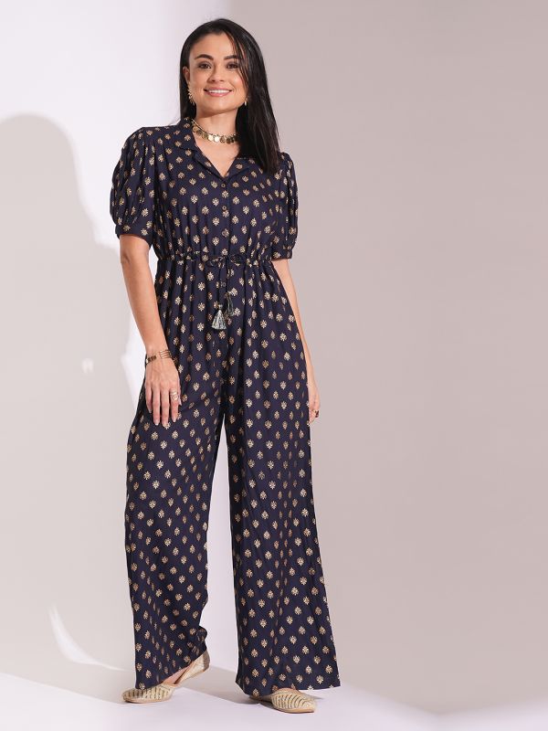 Globus Women Blue Notched Lapel Puff Sleeves Gold Foil Ethnic Print Waist Tie-Up Tassel Detail Fusion Jumpsuit