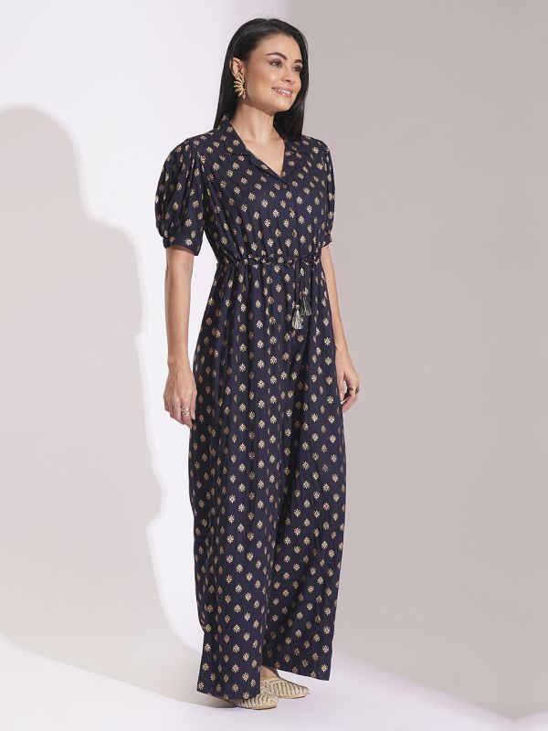 Globus Women Blue Notched Lapel Puff Sleeves Gold Foil Ethnic Print Waist Tie-Up Tassel Detail Fusion Jumpsuit