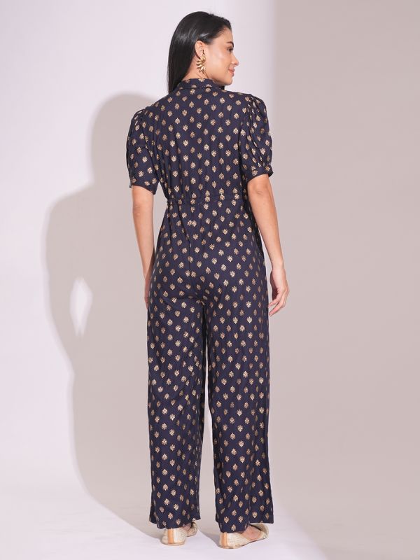 Globus Women Blue Notched Lapel Puff Sleeves Gold Foil Ethnic Print Waist Tie-Up Tassel Detail Fusion Jumpsuit