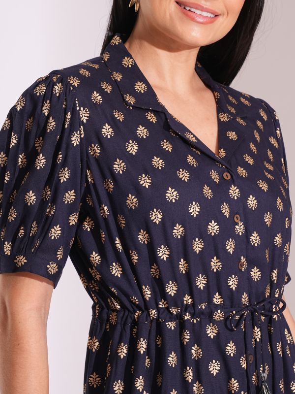 Globus Women Blue Notched Lapel Puff Sleeves Gold Foil Ethnic Print Waist Tie-Up Tassel Detail Fusion Jumpsuit