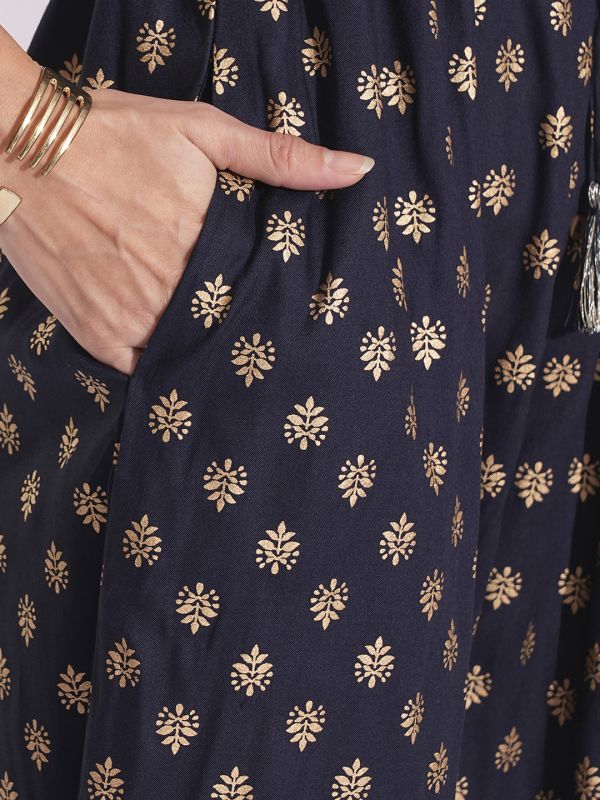 Globus Women Blue Notched Lapel Puff Sleeves Gold Foil Ethnic Print Waist Tie-Up Tassel Detail Fusion Jumpsuit