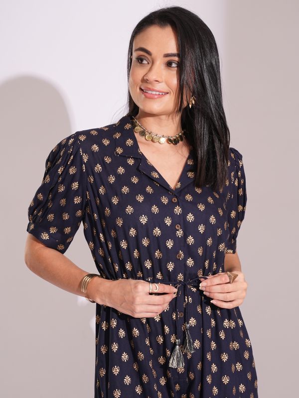 Globus Women Blue Notched Lapel Puff Sleeves Gold Foil Ethnic Print Waist Tie-Up Tassel Detail Fusion Jumpsuit