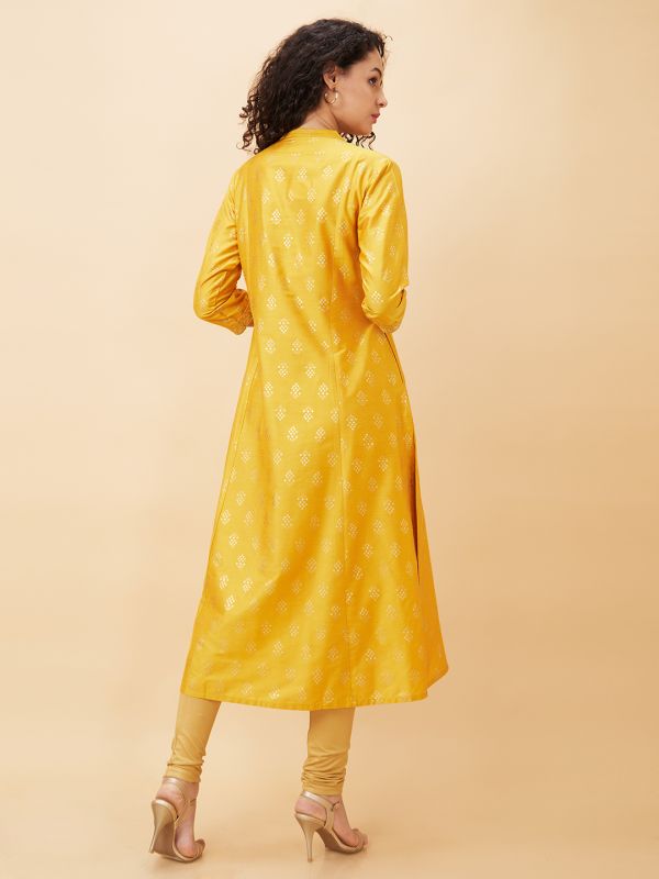 Globus Women Mustard Printed Mandarin Collar A-Line Kurta