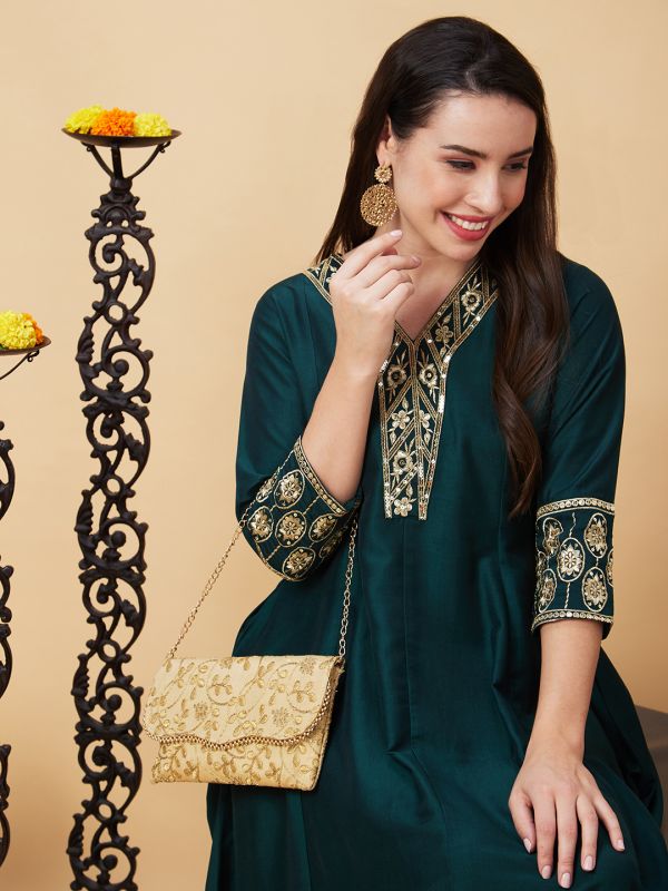 Globus Women Green V-Neck Festive A-Line Kurta with Embroidery on Neckline and Sleeves