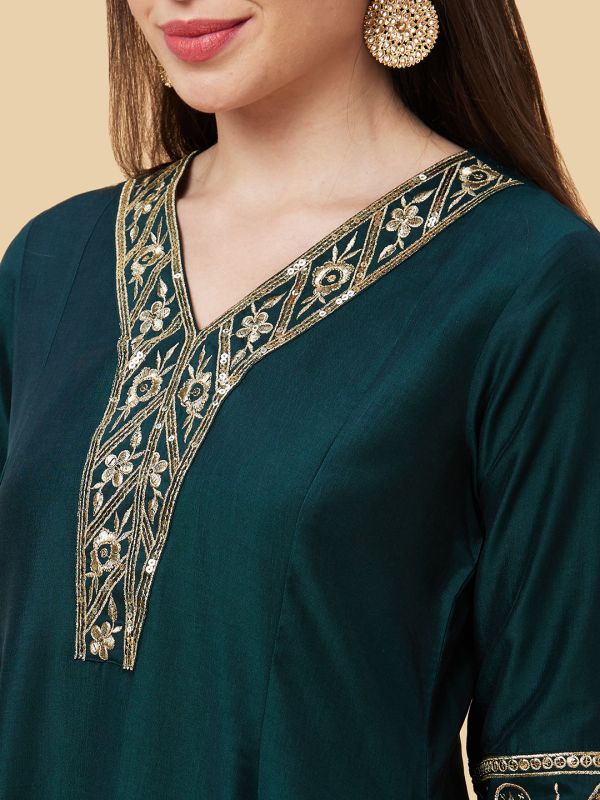 Globus Women Green V-Neck Festive A-Line Kurta with Embroidery on Neckline and Sleeves