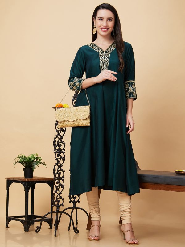 Globus Women Green V-Neck Festive A-Line Kurta with Embroidery on Neckline and Sleeves