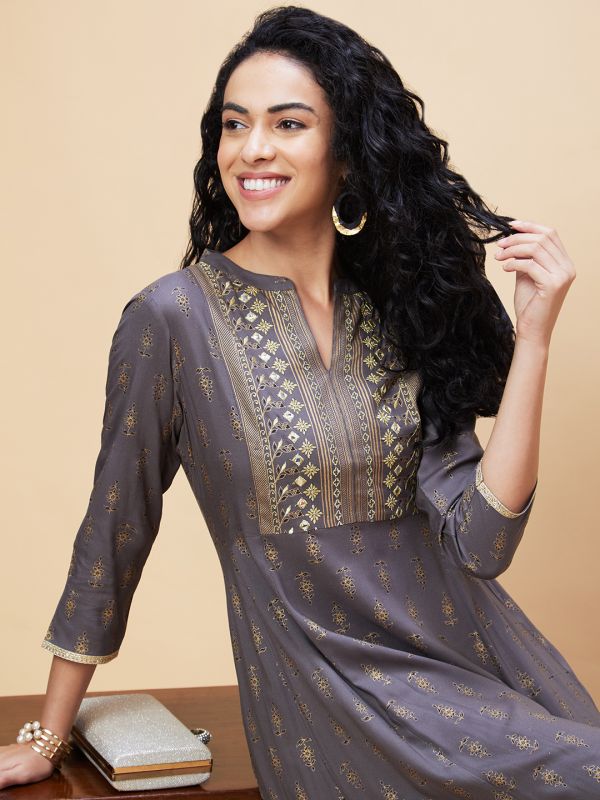 Globus Women Taupe Ethnic Motifs Gold Print Mandarin Collar Anarkali Festive Kurta with Border Print