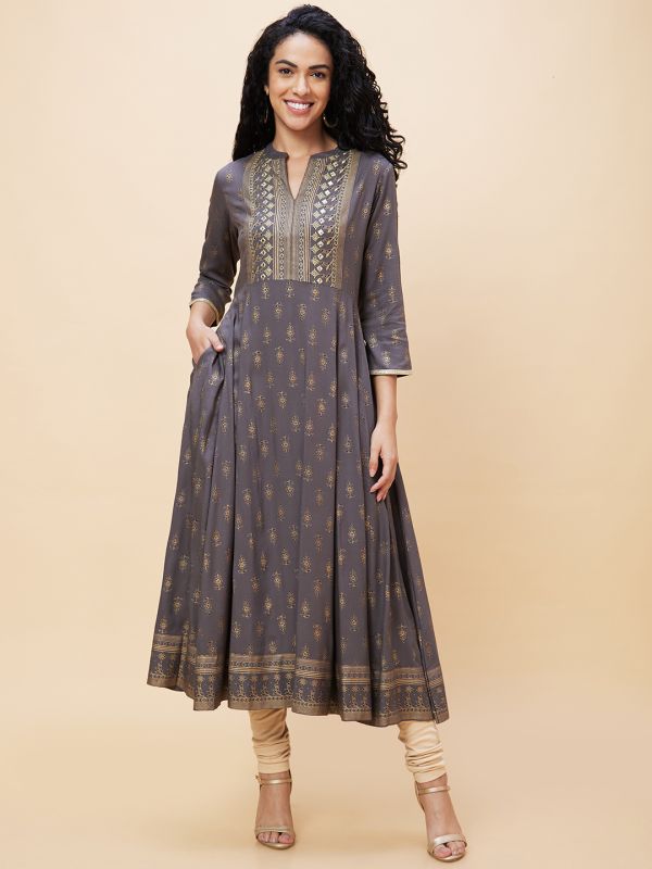 Globus Women Taupe Ethnic Motifs Gold Print Mandarin Collar Anarkali Festive Kurta with Border Print