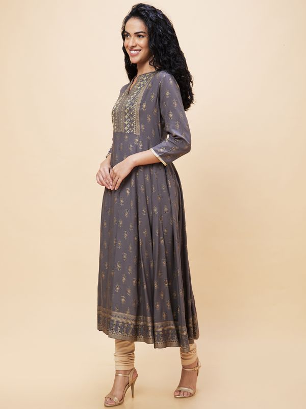 Globus Women Taupe Ethnic Motifs Gold Print Mandarin Collar Anarkali Festive Kurta with Border Print