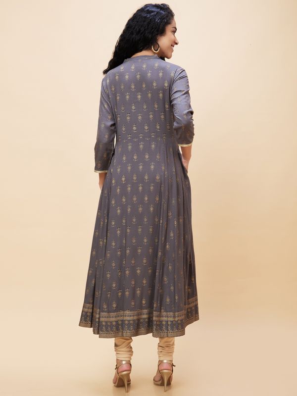 Globus Women Taupe Ethnic Motifs Gold Print Mandarin Collar Anarkali Festive Kurta with Border Print