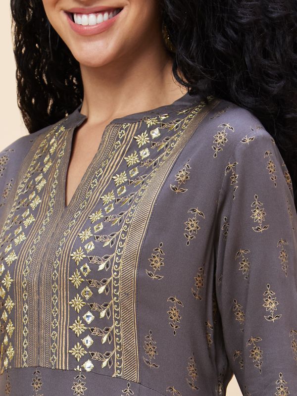 Globus Women Taupe Ethnic Motifs Gold Print Mandarin Collar Anarkali Festive Kurta with Border Print