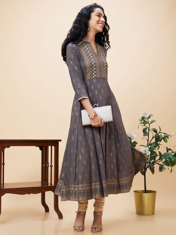 Globus Women Taupe Ethnic Motifs Gold Print Mandarin Collar Anarkali Festive Kurta with Border Print
