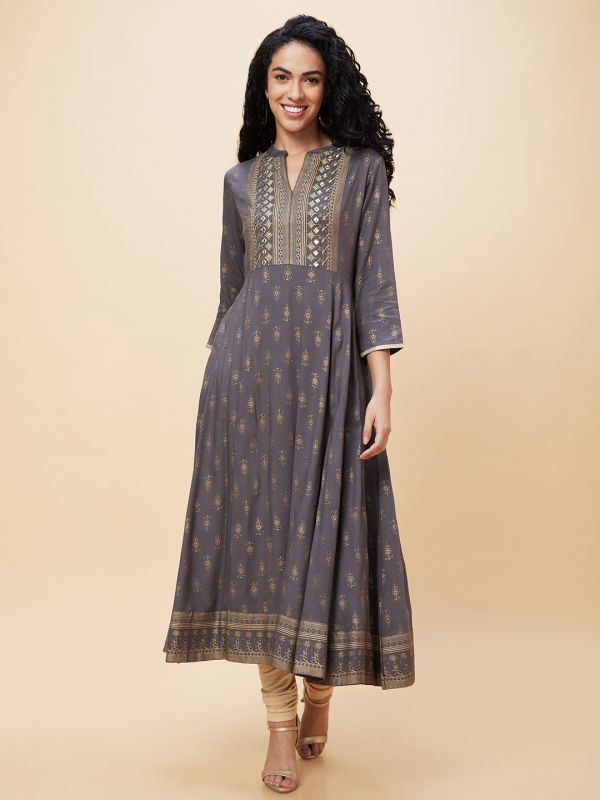 Globus Women Taupe Ethnic Motifs Gold Print Mandarin Collar Anarkali Festive Kurta with Border Print