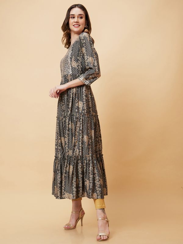 Globus Women Grey Printed Yoke Sequins Embroidery Tiered A-Line Festive Kurta