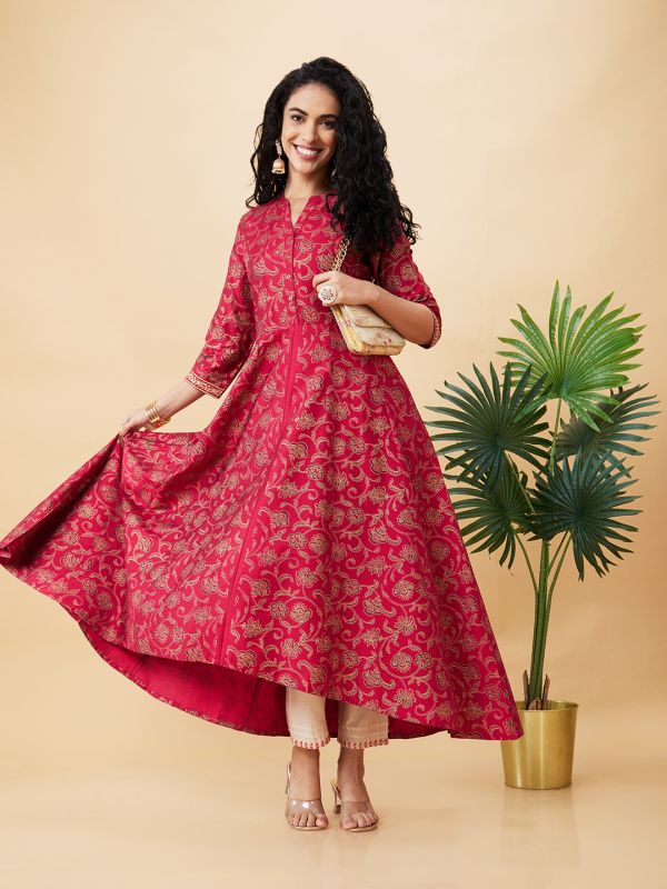 Globus Women Pink Printed Mandarin Collar A-Line Kurta