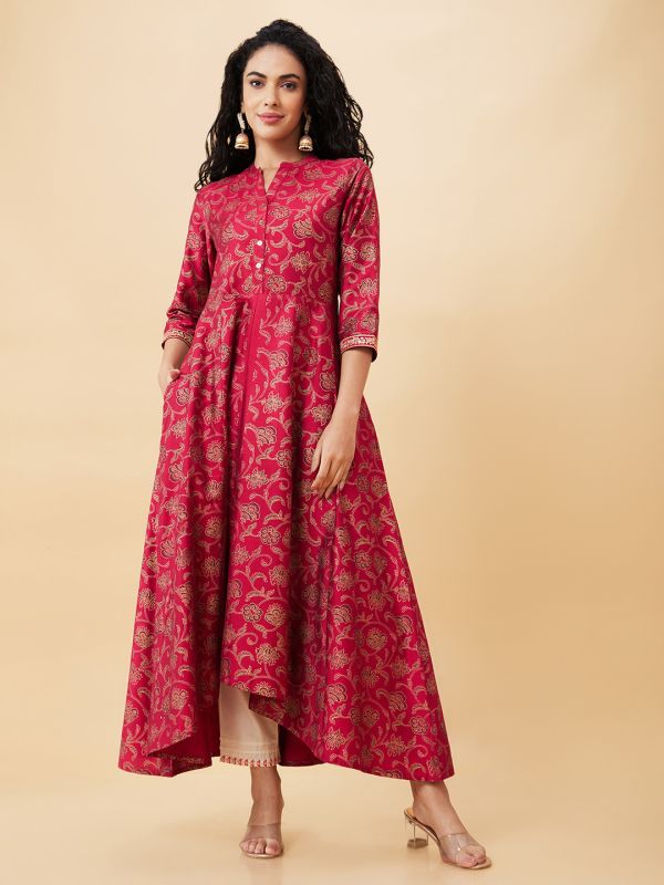 Globus Women Pink Printed Mandarin Collar A-Line Kurta