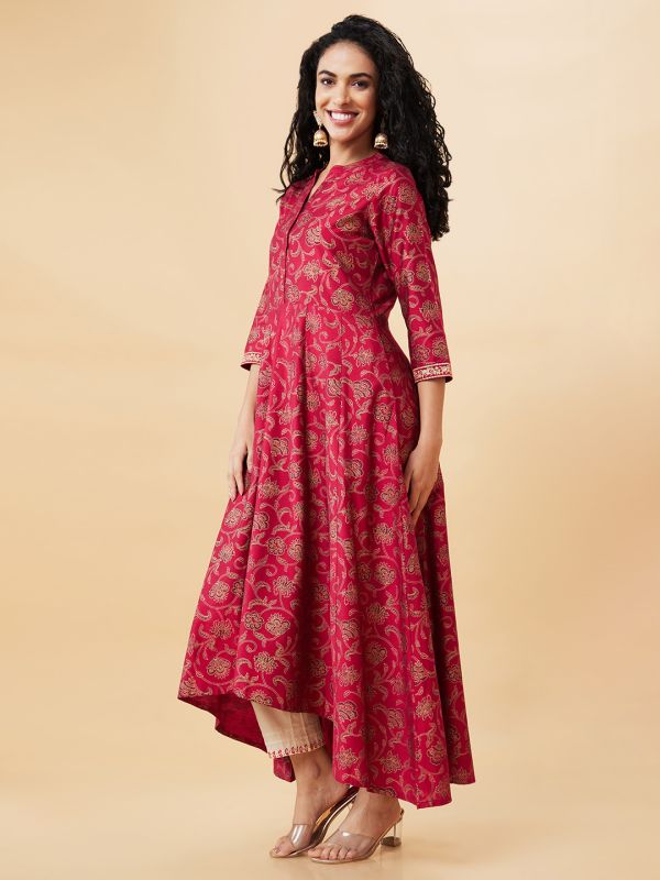 Globus Women Pink Printed Mandarin Collar A-Line Kurta