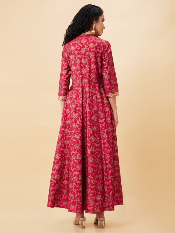 Globus Women Pink Printed Mandarin Collar A-Line Kurta